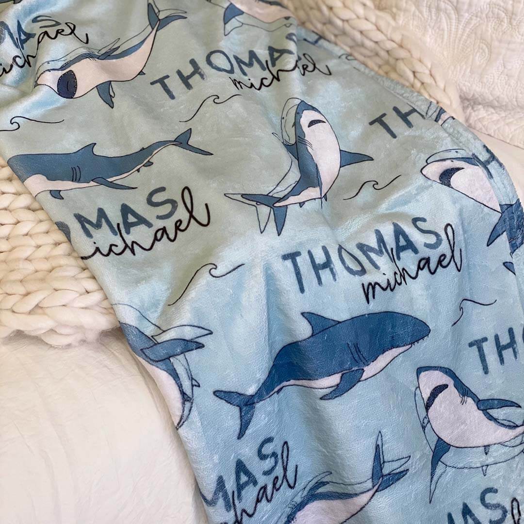 toddler blanket with sharks blue personalized with name 