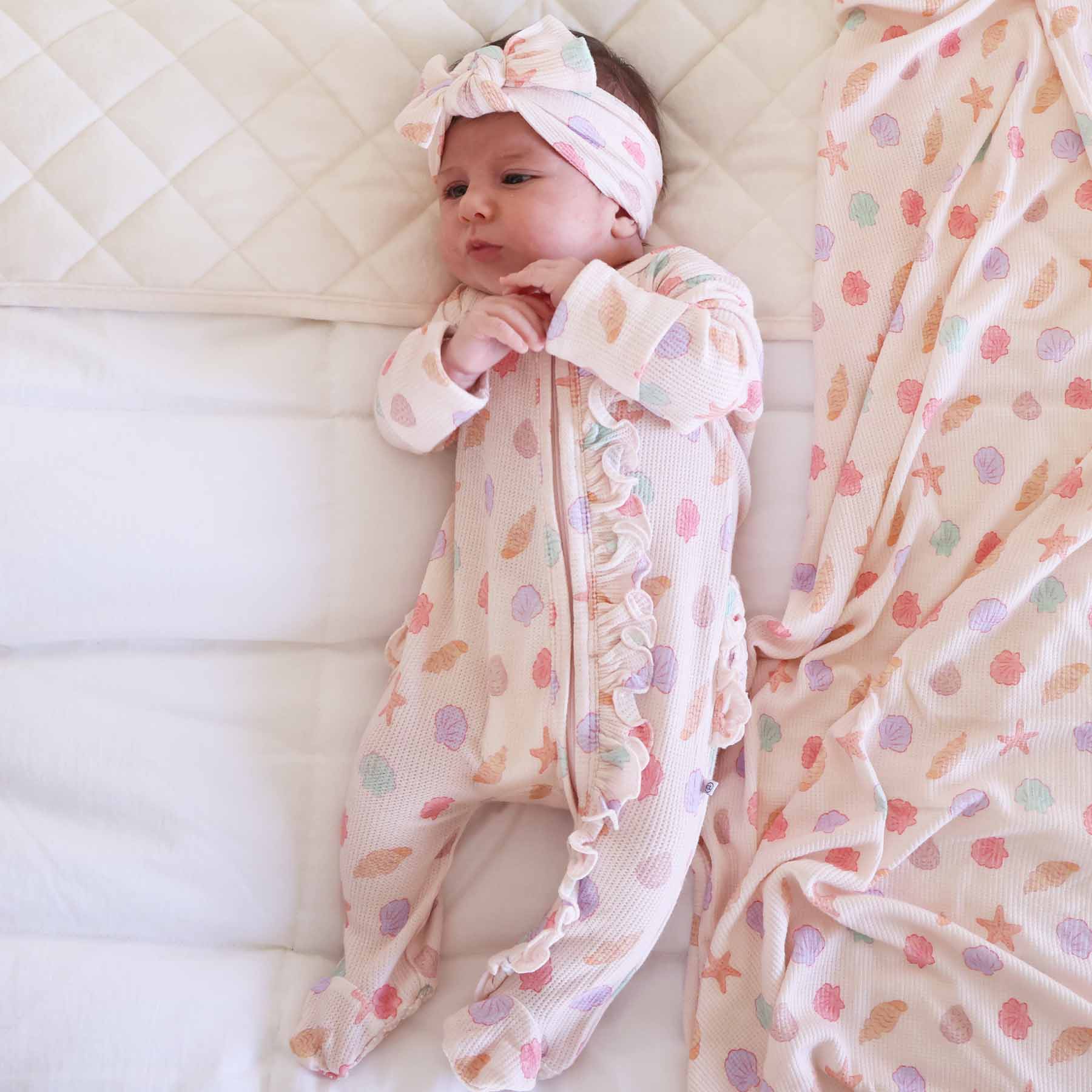 Saltwater Shells Bamboo Waffle Zipper Ruffle One-Piece Footie