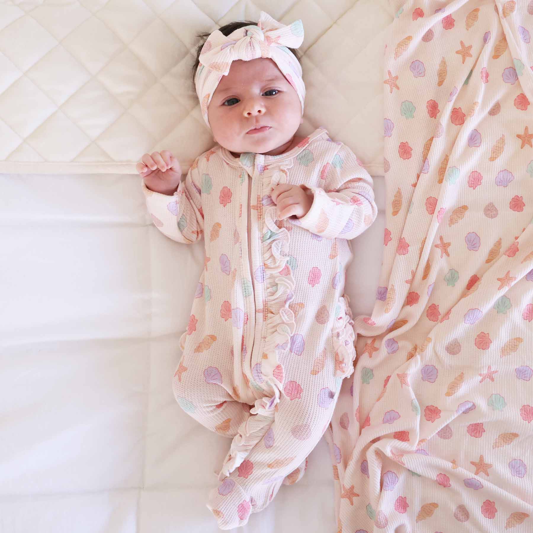 Saltwater Shells Bamboo Waffle Zipper Ruffle One-Piece Footie