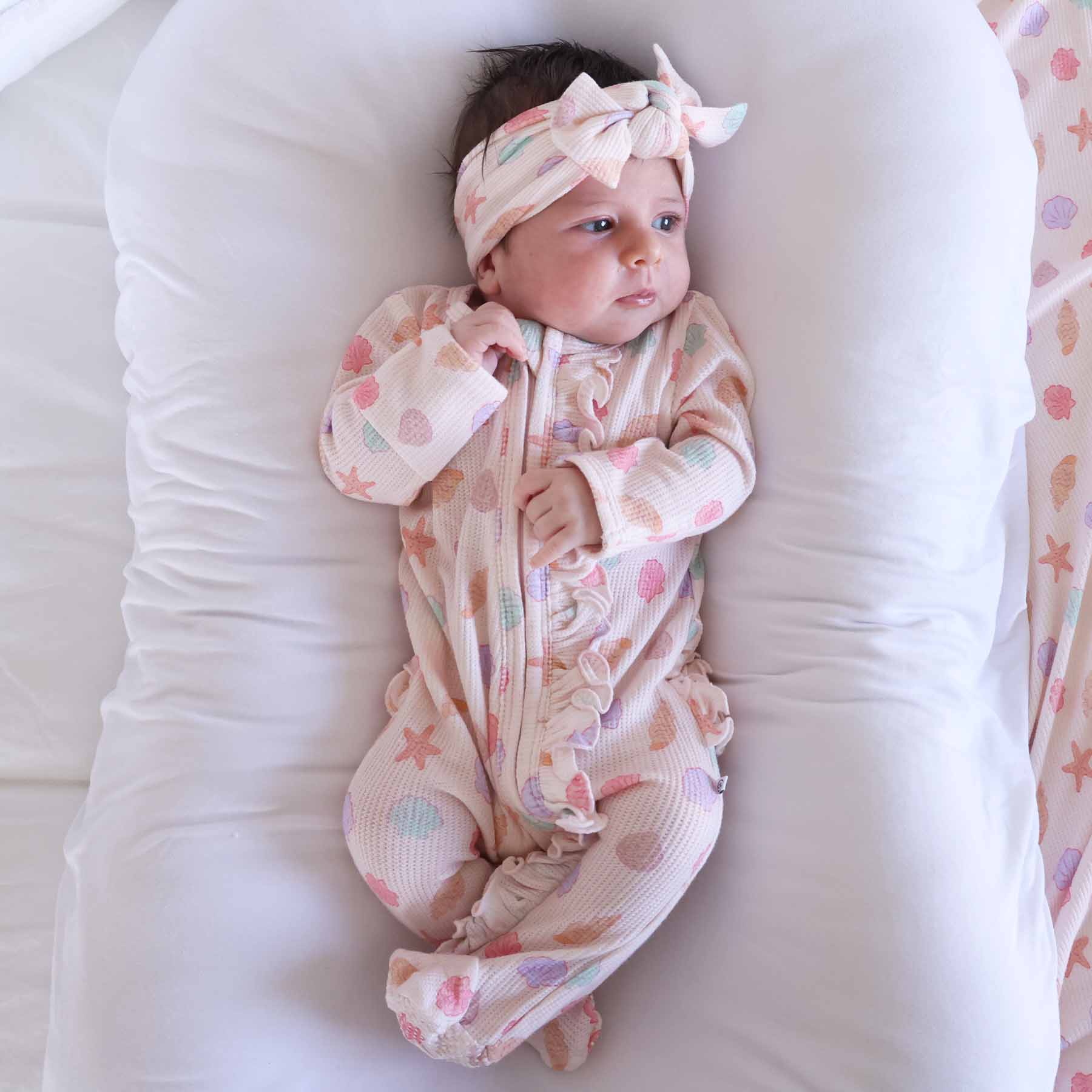 Saltwater Shells Bamboo Waffle Zipper Ruffle One-Piece Footie