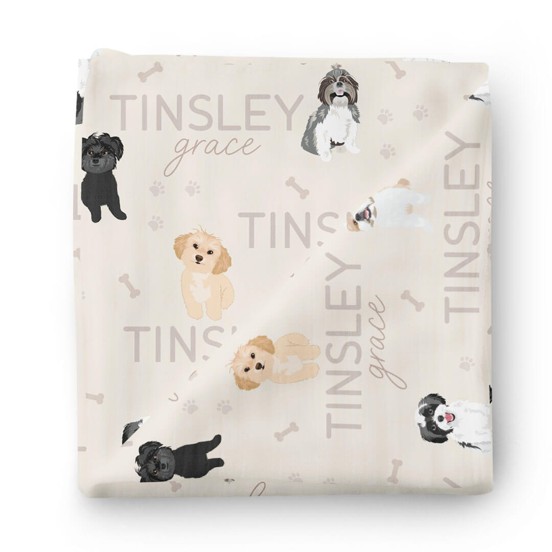 neutral baby name swaddle blanket personalized with shih tzus 
