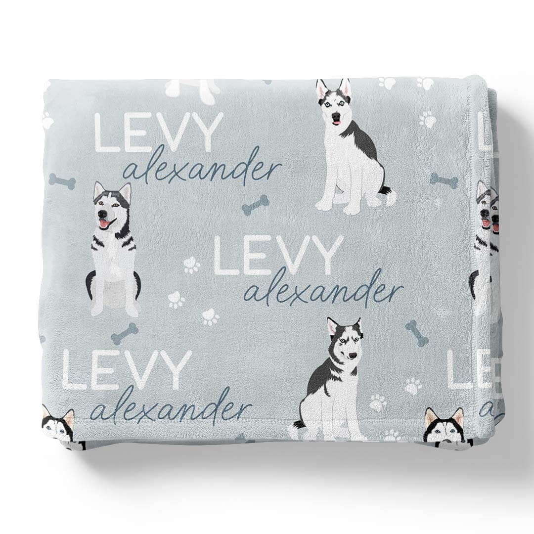 personalized kids blanket blue with huskies 