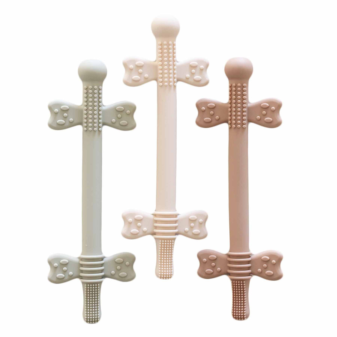 3 pack of neutral colored silicone teething straws with cleaning brush