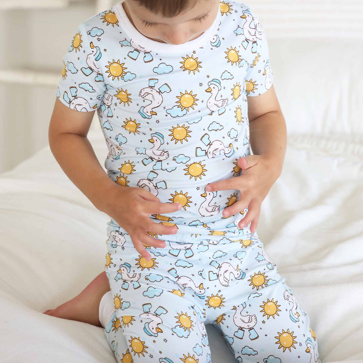two piece pajama set for boys blue and yellow with geese