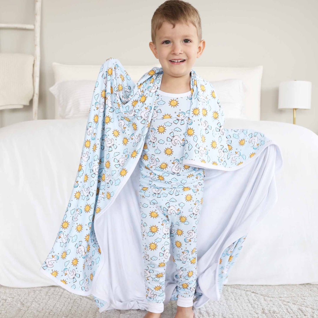 silly goose blue double sided bamboo blanket for kids 