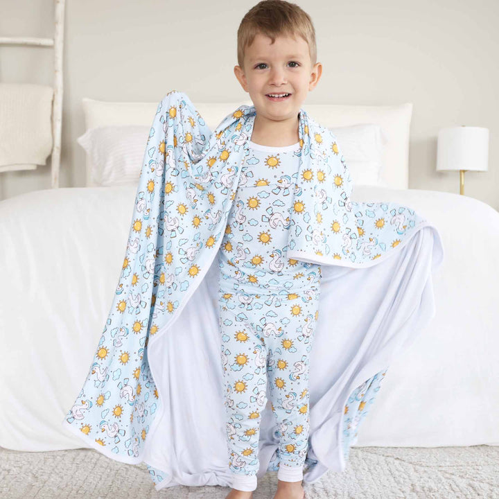 silly goose blue double sided bamboo blanket for kids 