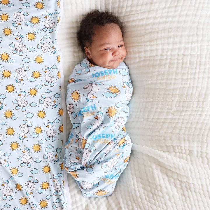 geese with hats and boots personalized swaddle blanket for boys 