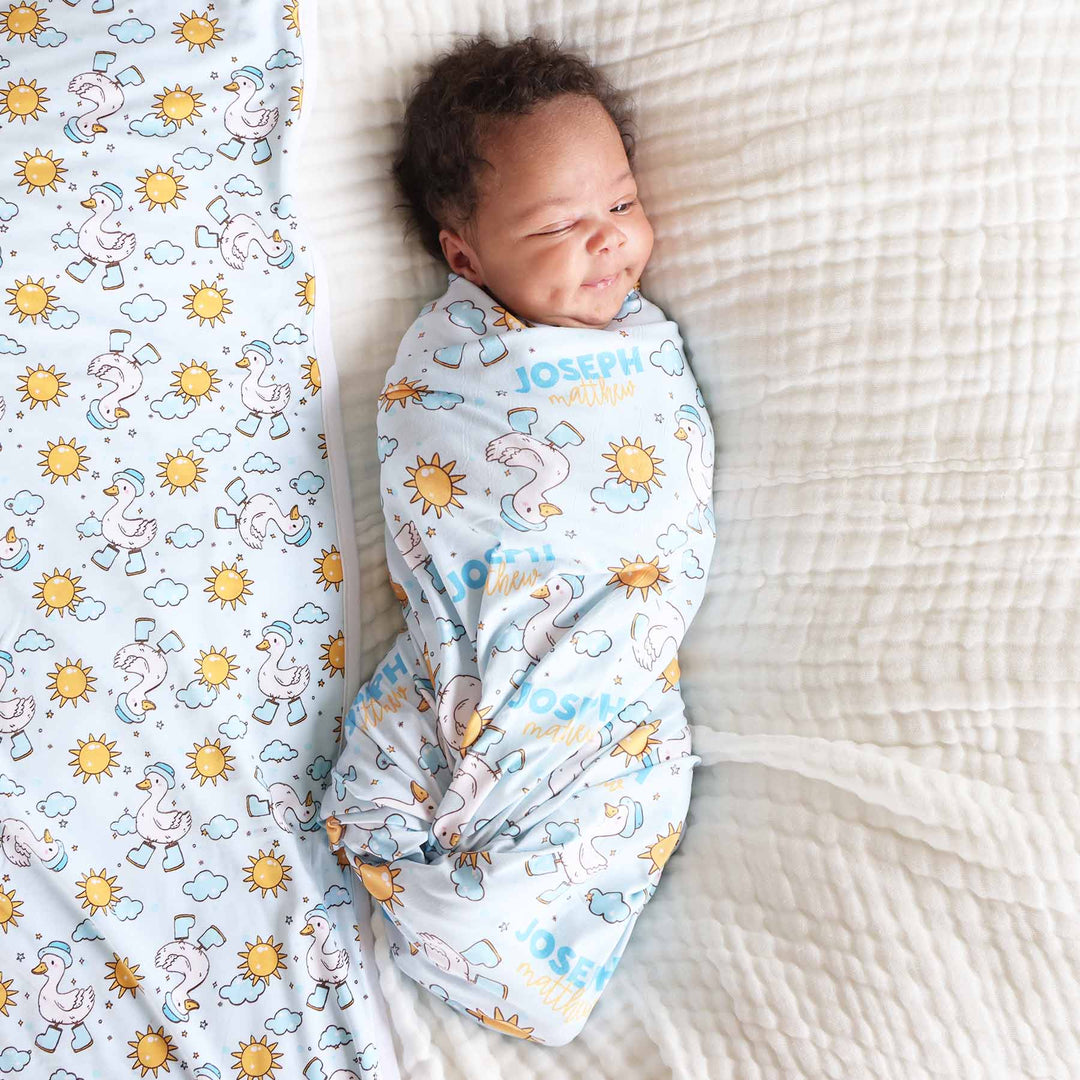 newborn boy personalized swaddle blanket silly goose blue