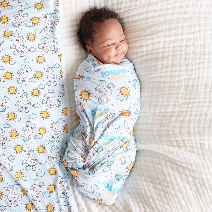 newborn boy personalized swaddle blanket silly goose blue