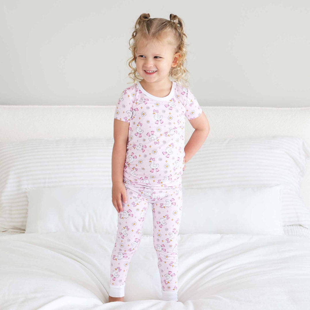 pink bamboo pajamas for girls with geese