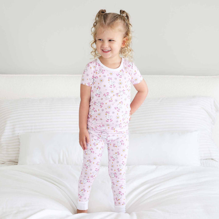 pink bamboo pajamas for girls with geese