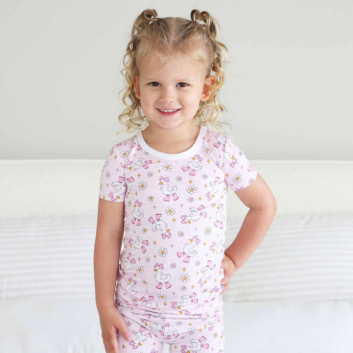 geese with bows and boots two piece pajama set for girls pink 
