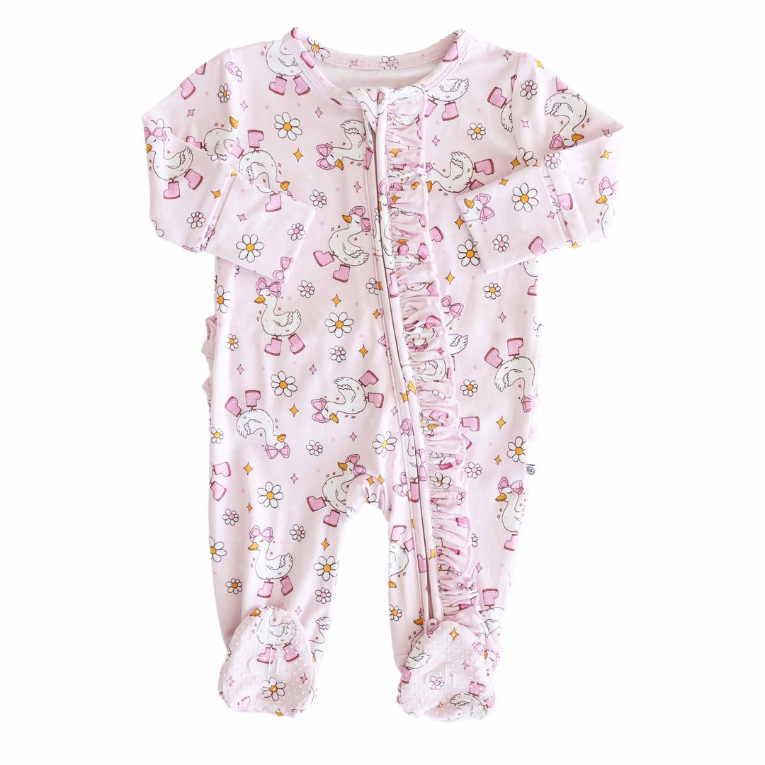 baby girl ruffle zipper footie with geese