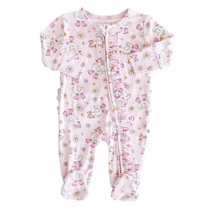 baby girl ruffle zipper footie with geese