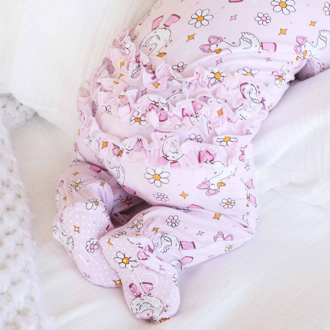 silly goose ruffle zipper footie pink
