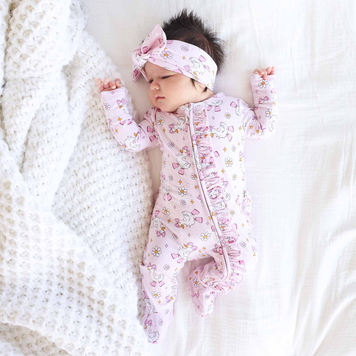 pink ruffle zipper footie for baby girls silly goose