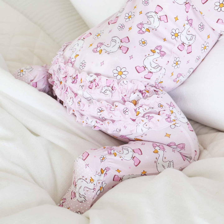 goose with boots and bows pink ruffle zipper footie for babies 