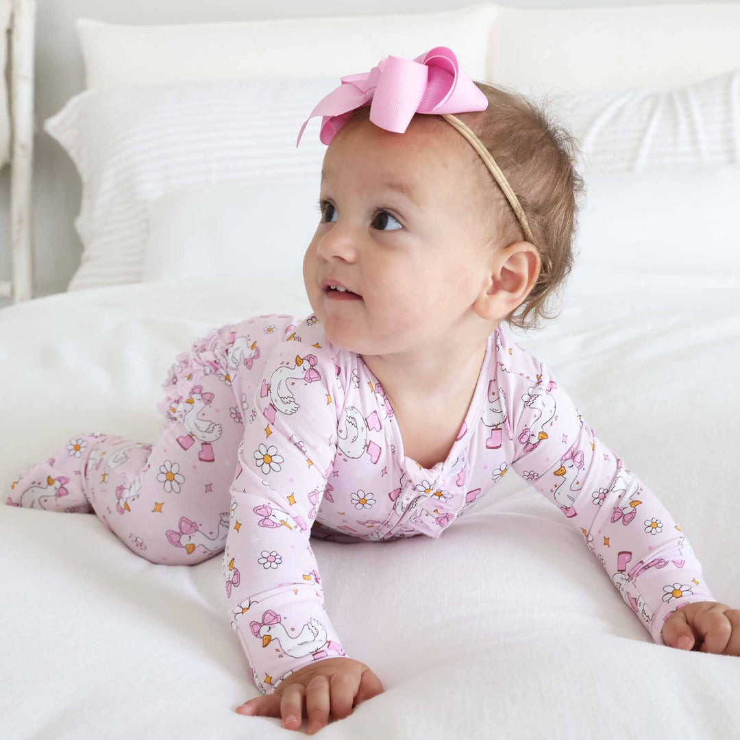 silly goose pink zipper ruffle footie for girls 