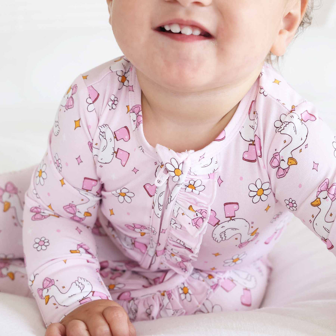 pink silly goose ruffle footie