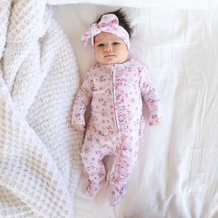 silly goose pink ruffle zipper footie for baby girls 