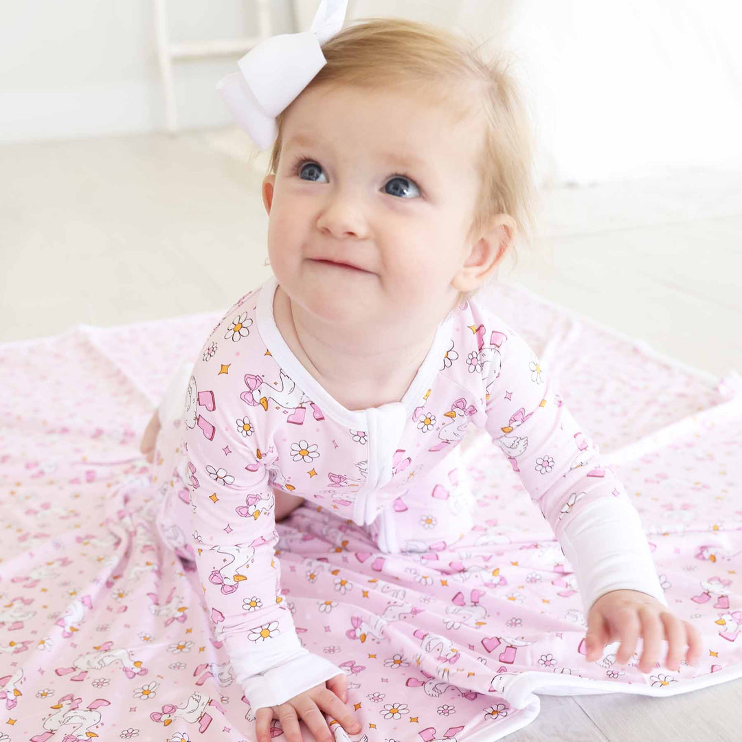 pink sparkle, daisy and girl goose convertible zip romper pajama for baby and toddler girls 
