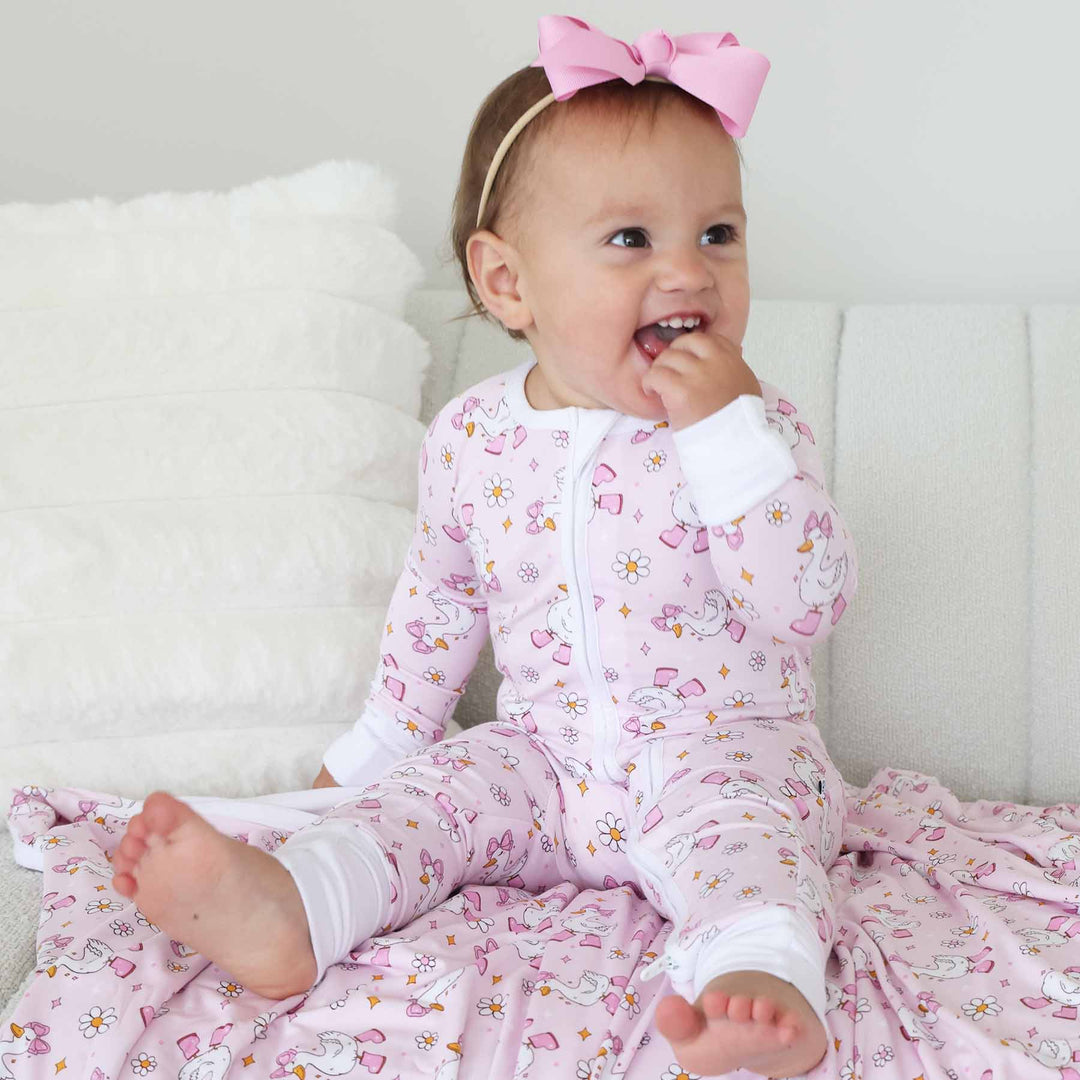 pink goose pajama romper for girls 