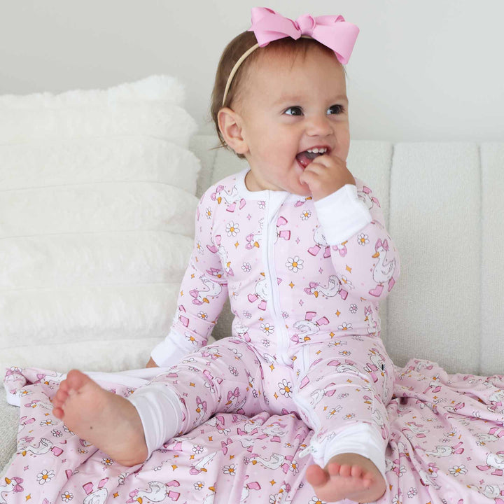 pink goose pajama romper for girls 