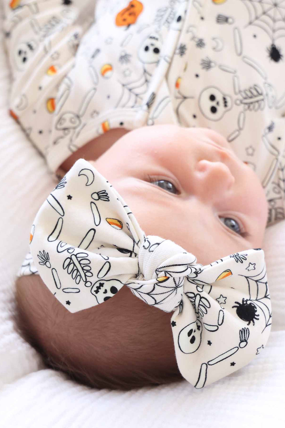 skeleton, spider web and candy corn knit headwrap for babies 