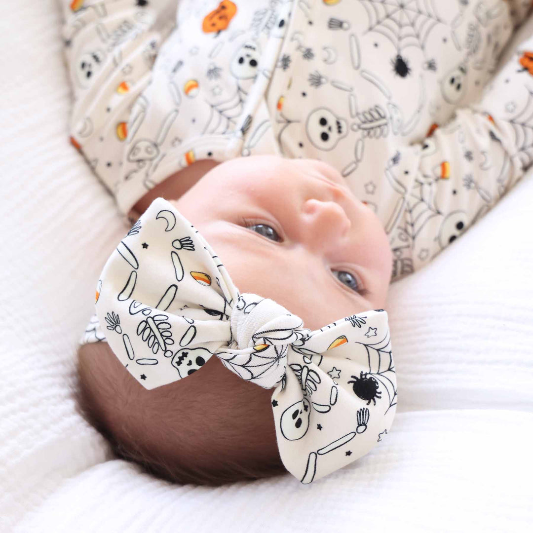 skeleton, spider web and candy corn knit headwrap for babies 