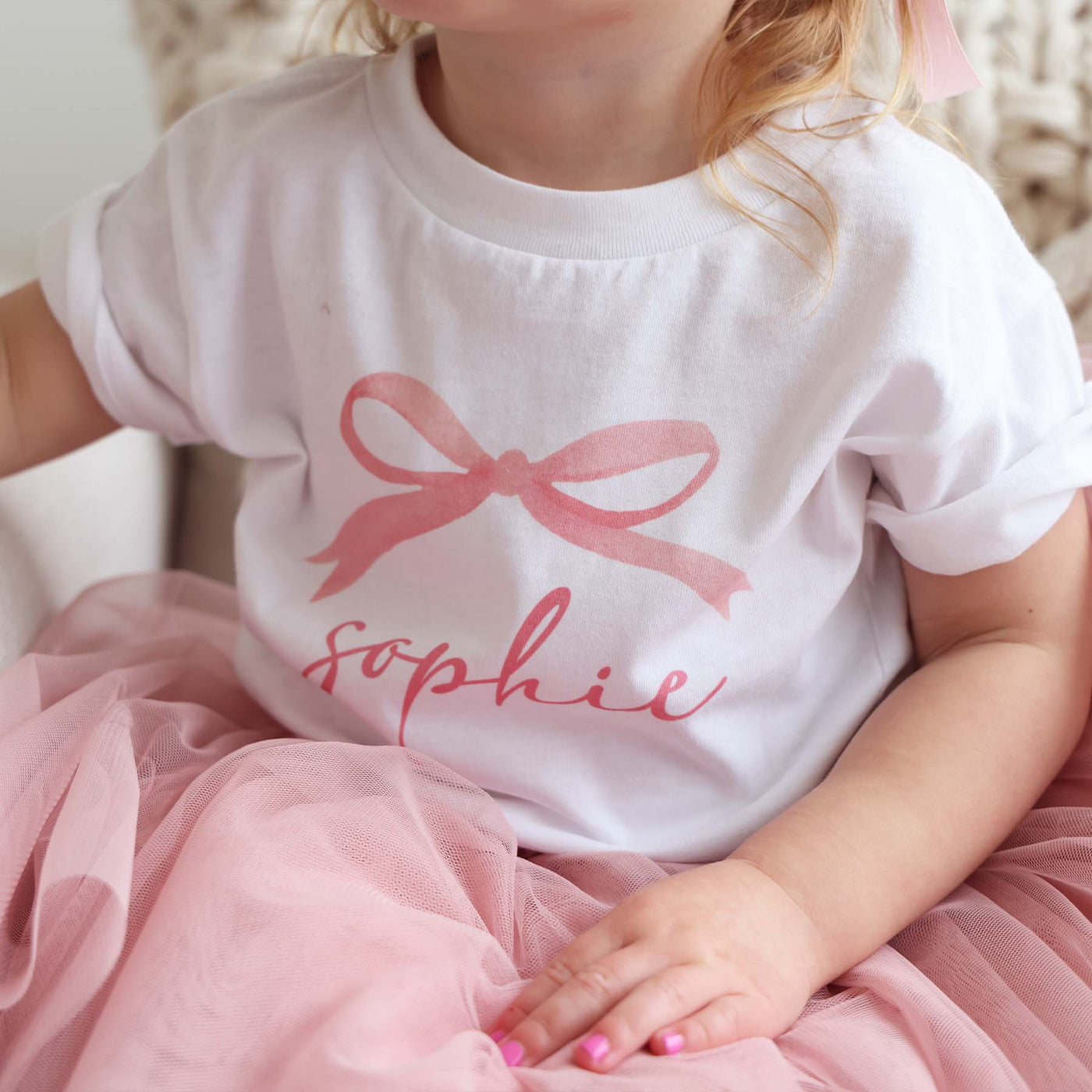 white personalized tshirt for kids with pink bow 