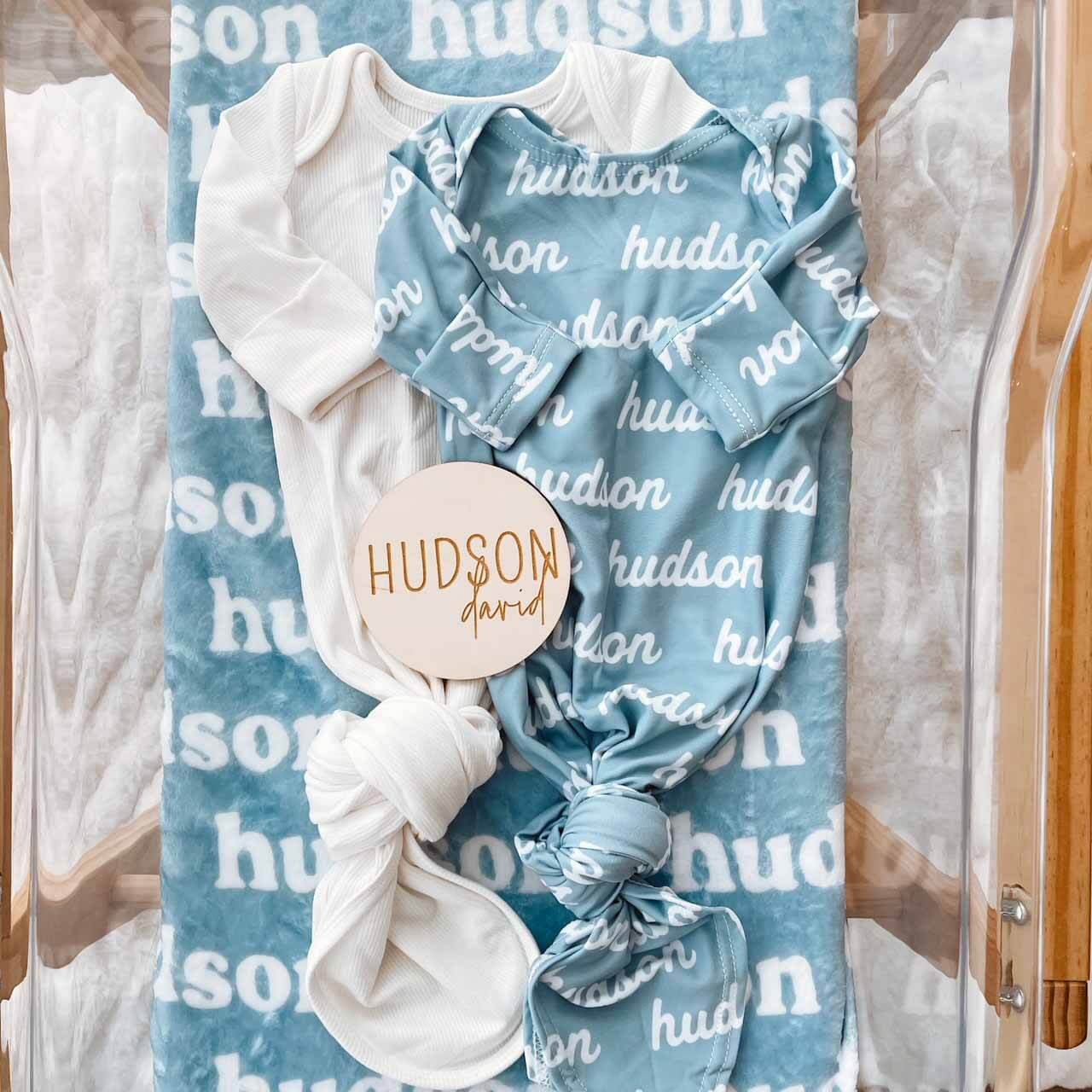 personalized newborn knot gown sky blue