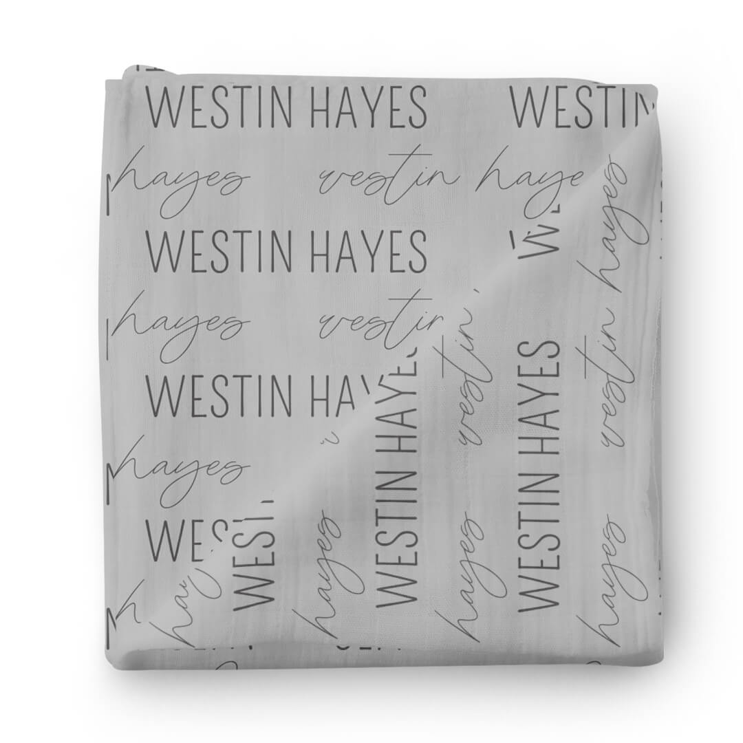 block and script grey and black personalized swaddle font 