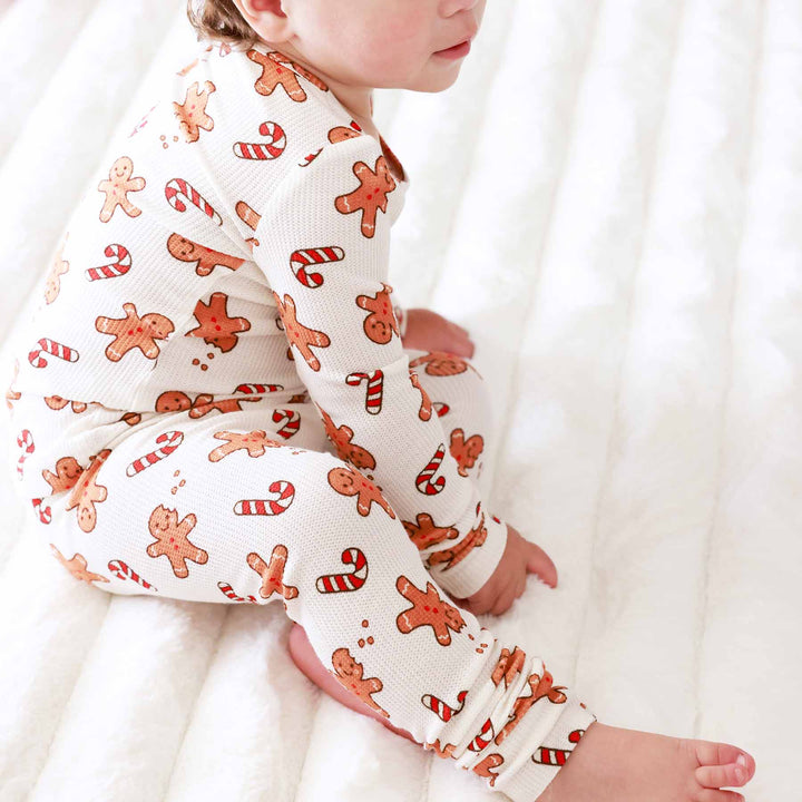 gingerbread man and candy cane bamboo waffle kids christmas two piece pajamas