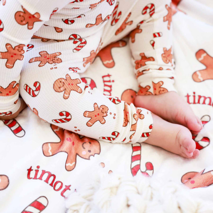 off white gingerbread and candy cane two piece pajamas for kids 