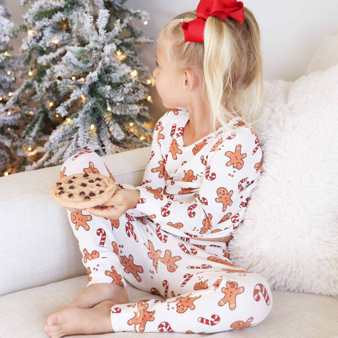 bamboo waffle two piece pajama set for kids sleigh ride sweets