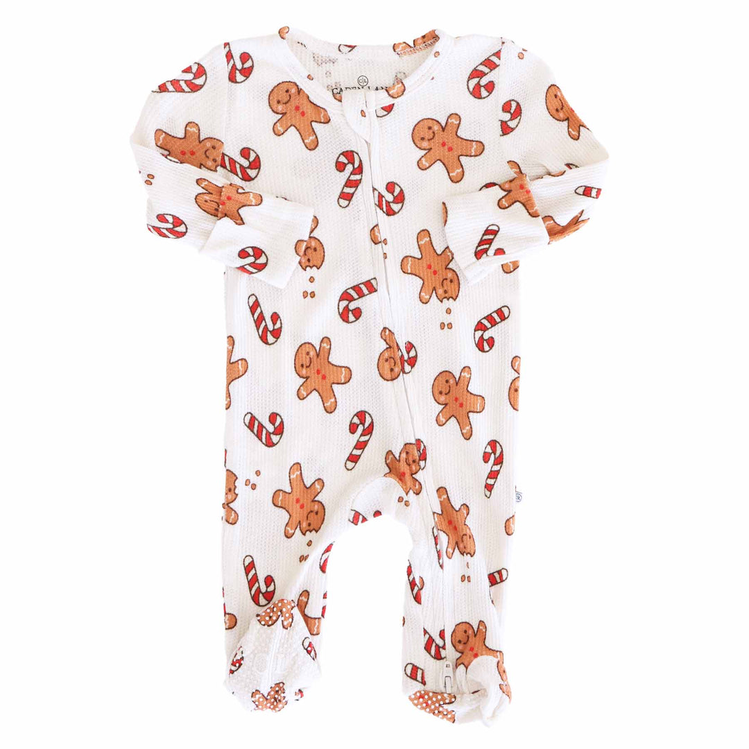 gingerbread man and candy cane bamboo waffle baby footie for christmas 