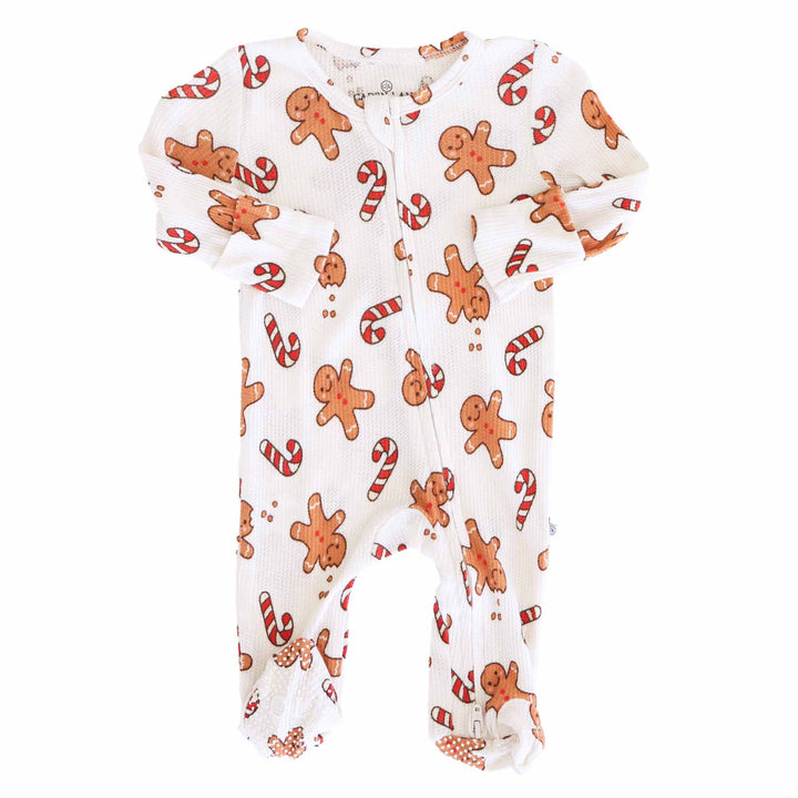 gingerbread man and candy cane bamboo waffle baby footie for christmas 