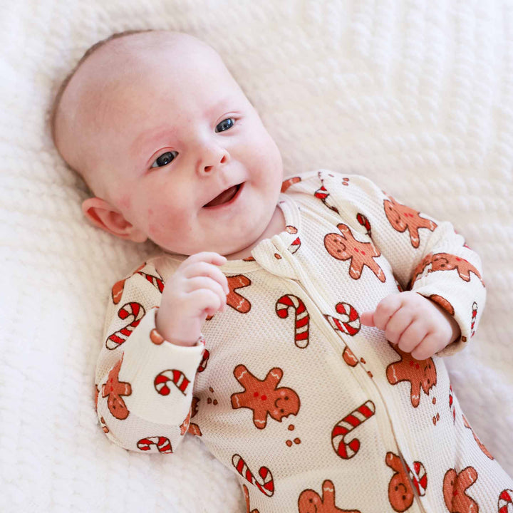 gingerbread man and candy cane bamboo waffle zipper footie for babies