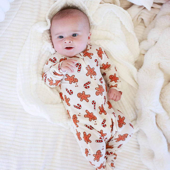 gingerbread man and candy cane bamboo waffle zipper footie for christmas 