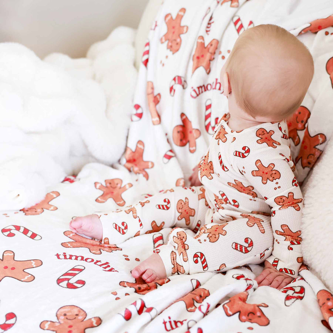 kids personalized blanket with gingerbread men and candy canes 