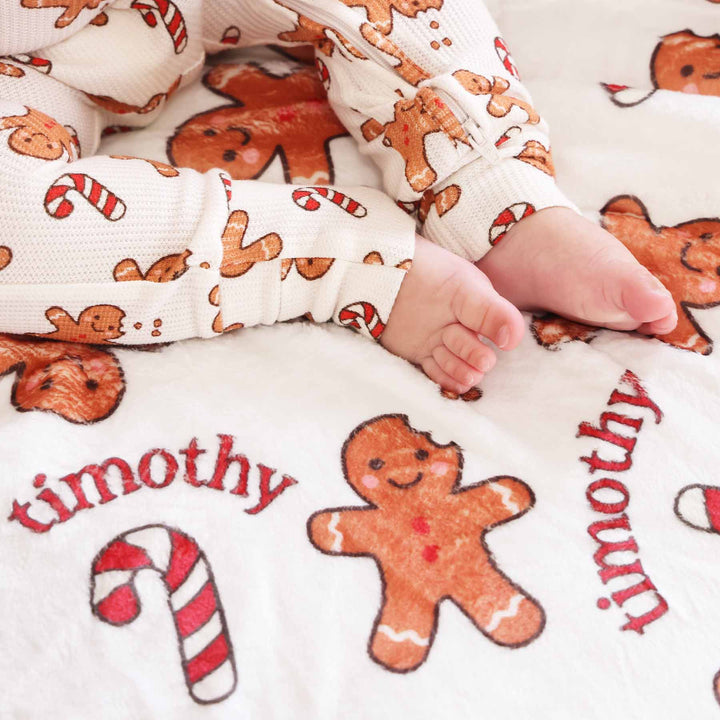 personalized blanket for kids with gingerbread men and candy cane 
