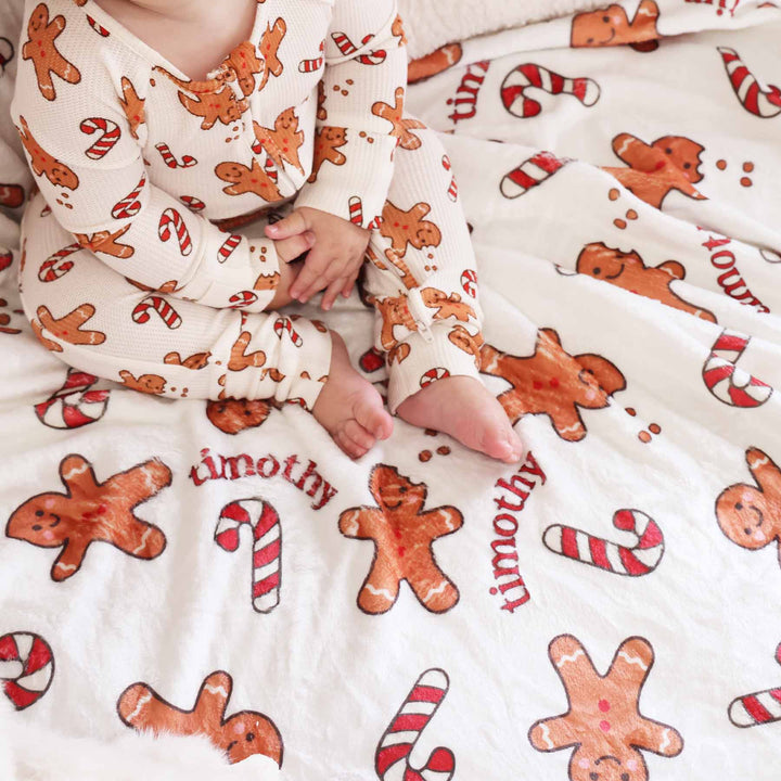 gingerbread man and candy cane personalized kids blanket 