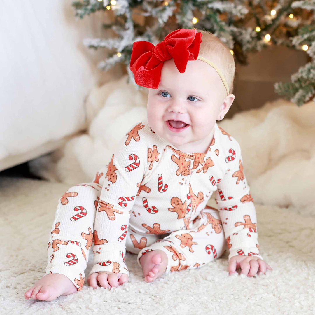 convertible zip romper pajama for babies and toddlers gingerbread men and candy canes 