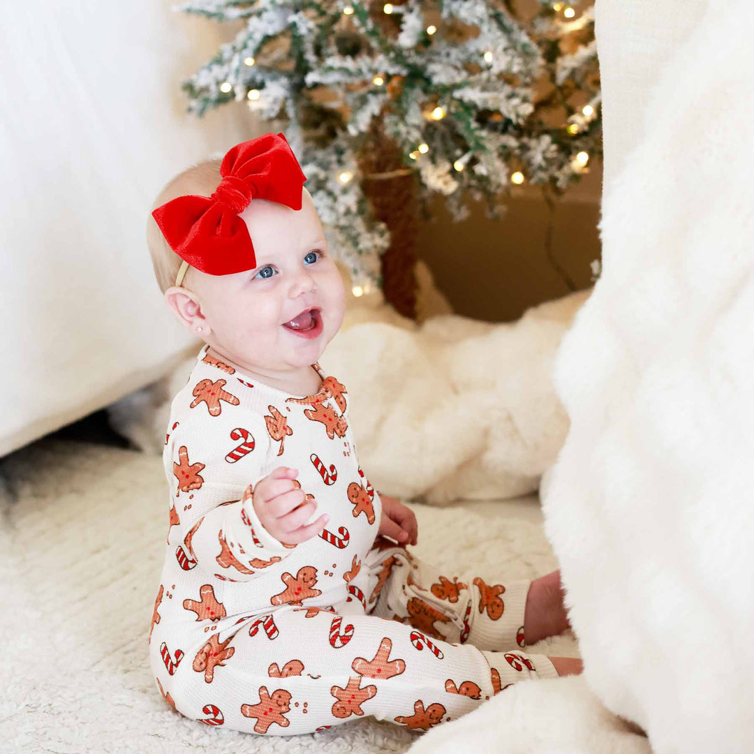 christmas convertible zip romper pajama with gingerbread men and candy canes 