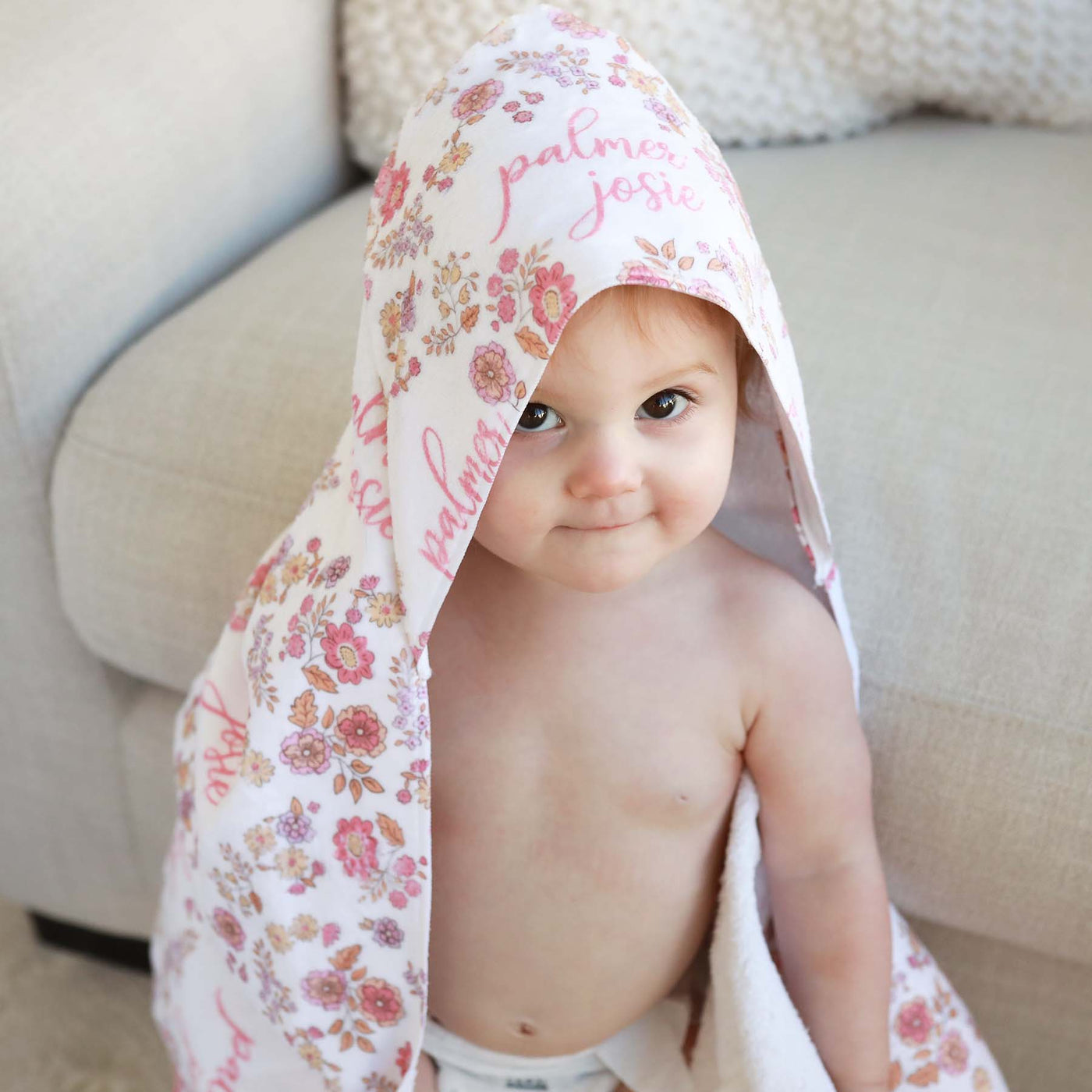 small floral personalized hooded baby towel with name 