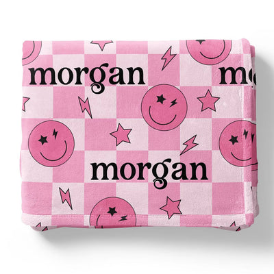 smiley face check personalized kids blanket pink 