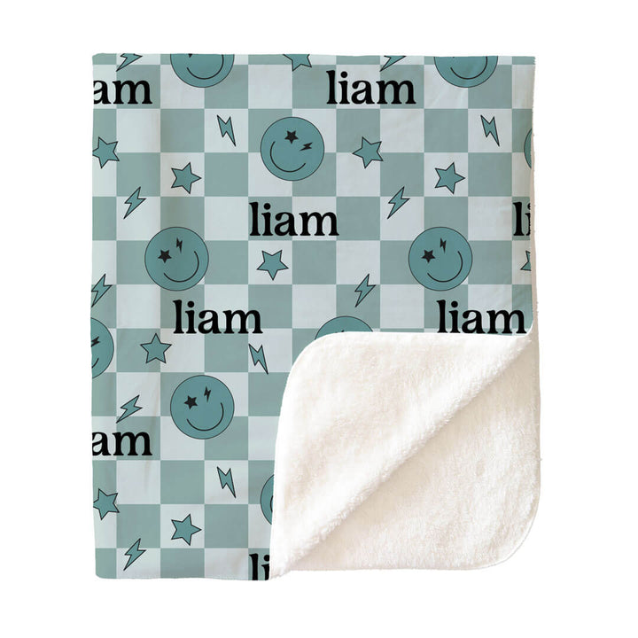 Smiley Face Check Personalized Kids Blanket | Green