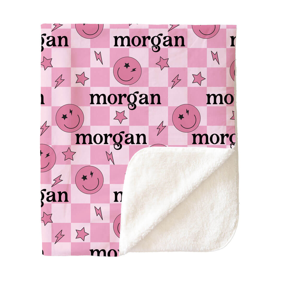 Smiley Face Check Personalized Kids Blanket | Pink