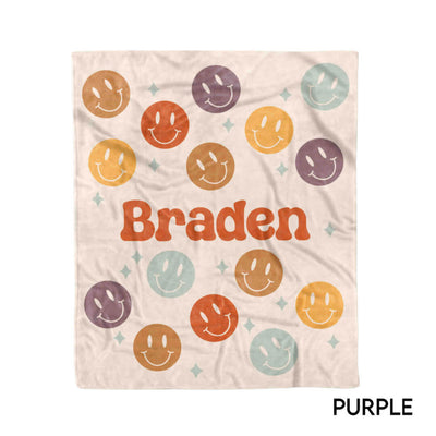 retro smiley personalized kids blanket purple