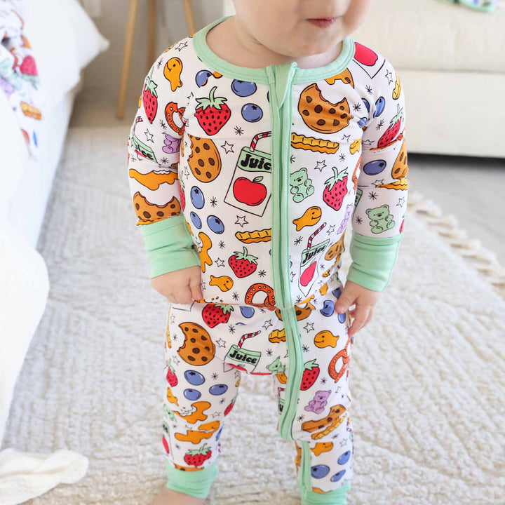 convertible zip romper pajama for babies snack themed 